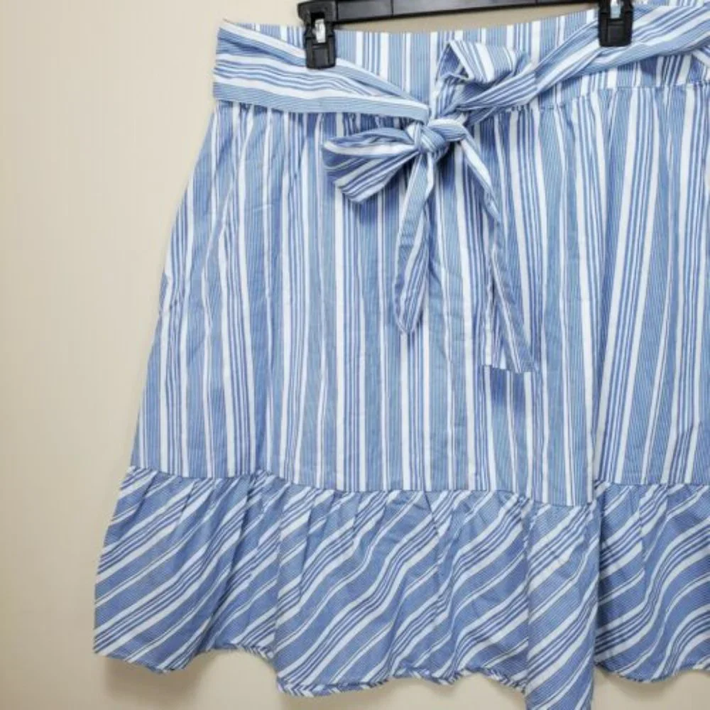 J by J Crew skirt 12 blue white stripe tie front waist Ruffle Hem Lined Back Zip